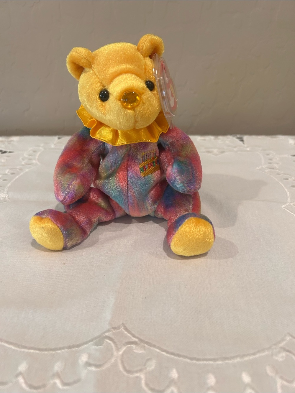 Ty Yellow-Head Rainbow Body Plush Bear with Ruffled Collar